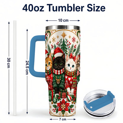 #pl[40oz|Blue] Christmas Cat Family 40oz Tumbler with Handle, Holiday Kittens Art