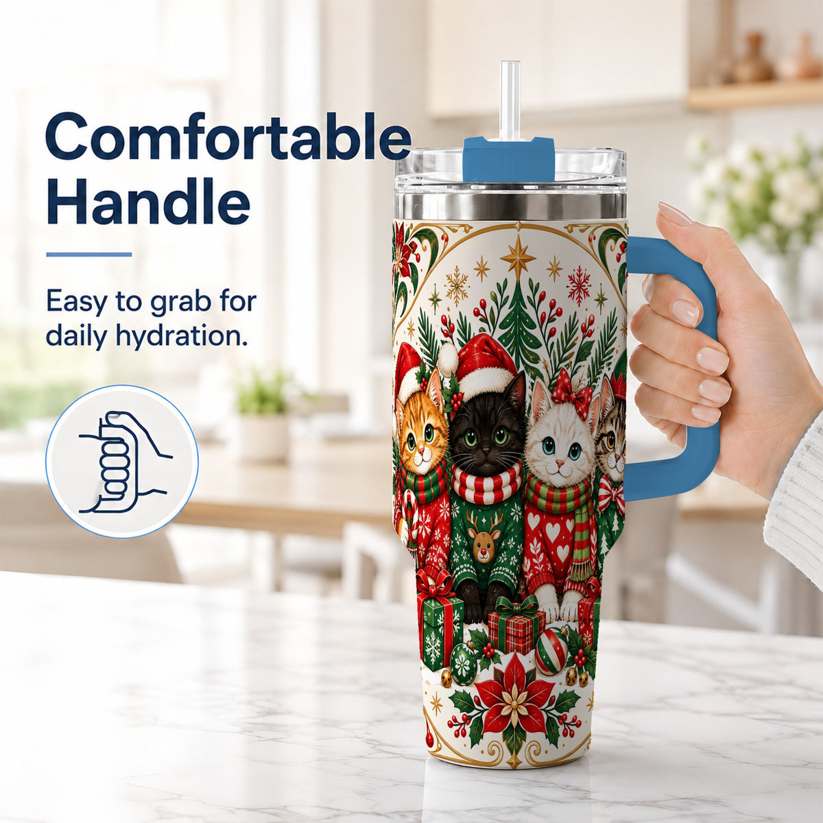 #pl[40oz|Blue] Christmas Cat Family 40oz Tumbler with Handle, Holiday Kittens Art