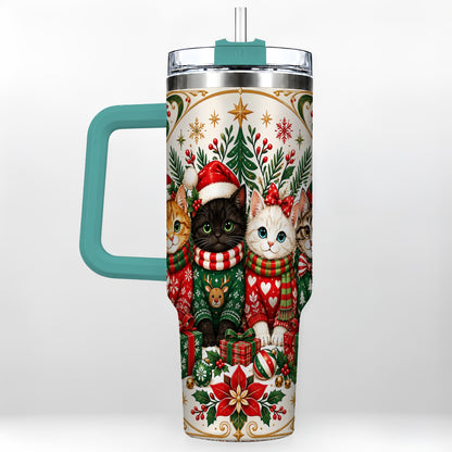 #pl[40oz|Green] Christmas Cat Family 40oz Tumbler with Handle, Holiday Kittens Art