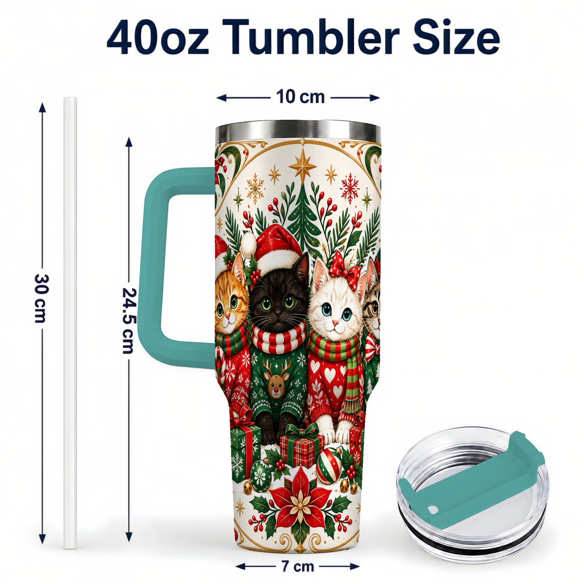 #pl[40oz|Green] Christmas Cat Family 40oz Tumbler with Handle, Holiday Kittens Art