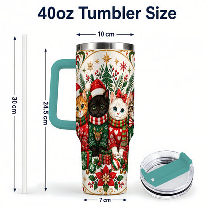 #pl[40oz|Green] Christmas Cat Family 40oz Tumbler with Handle, Holiday Kittens Art