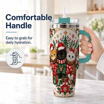 #pl[40oz|Green] Christmas Cat Family 40oz Tumbler with Handle, Holiday Kittens Art