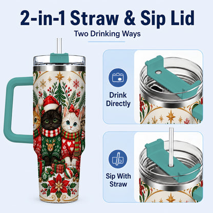 #pl[40oz|Green] Christmas Cat Family 40oz Tumbler with Handle, Holiday Kittens Art