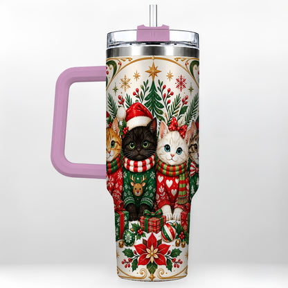 #pl[40oz|Pink] Christmas Cat Family 40oz Tumbler with Handle, Holiday Kittens Art