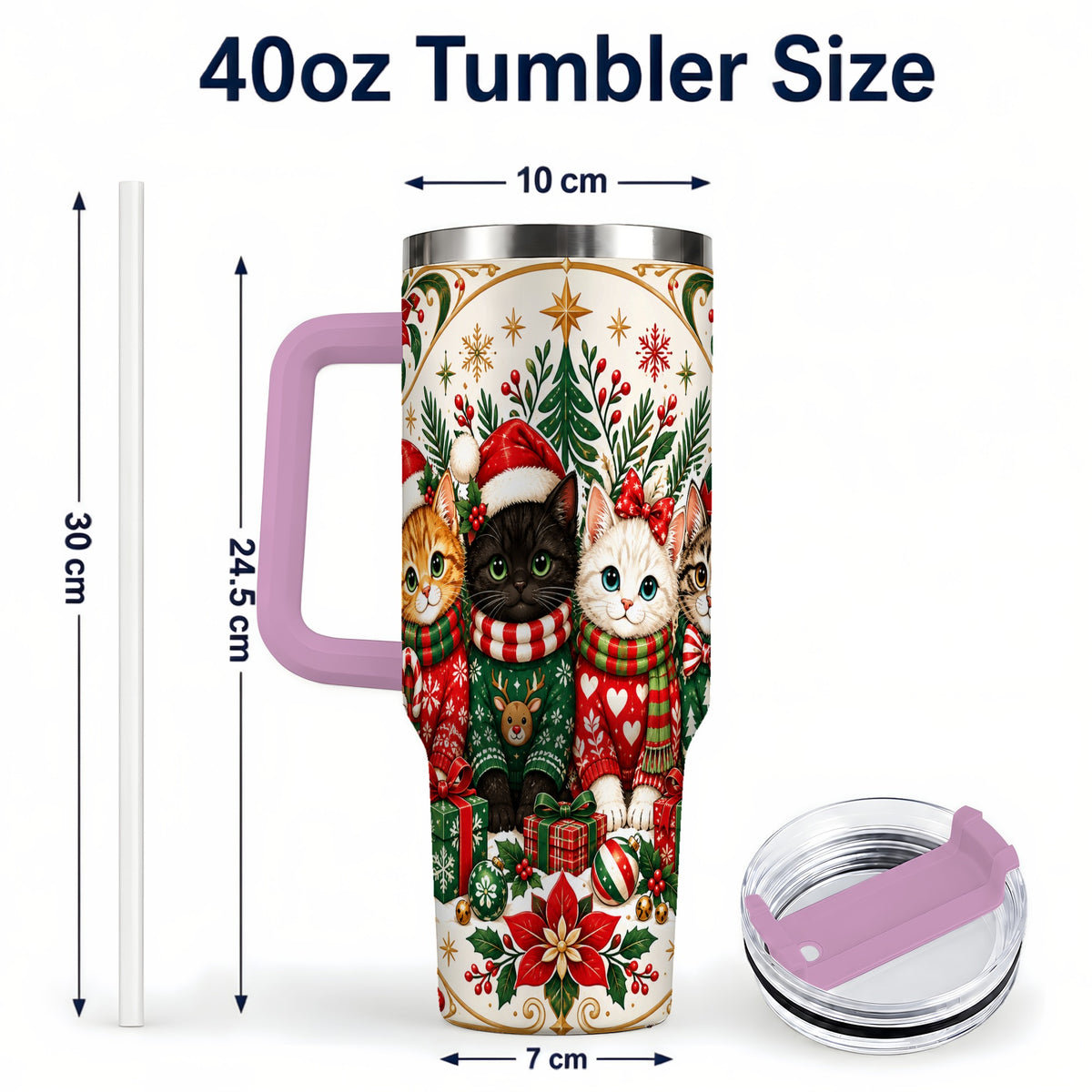 #pl[40oz|Pink] Christmas Cat Family 40oz Tumbler with Handle, Holiday Kittens Art