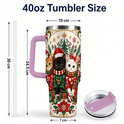 #pl[40oz|Pink] Christmas Cat Family 40oz Tumbler with Handle, Holiday Kittens Art