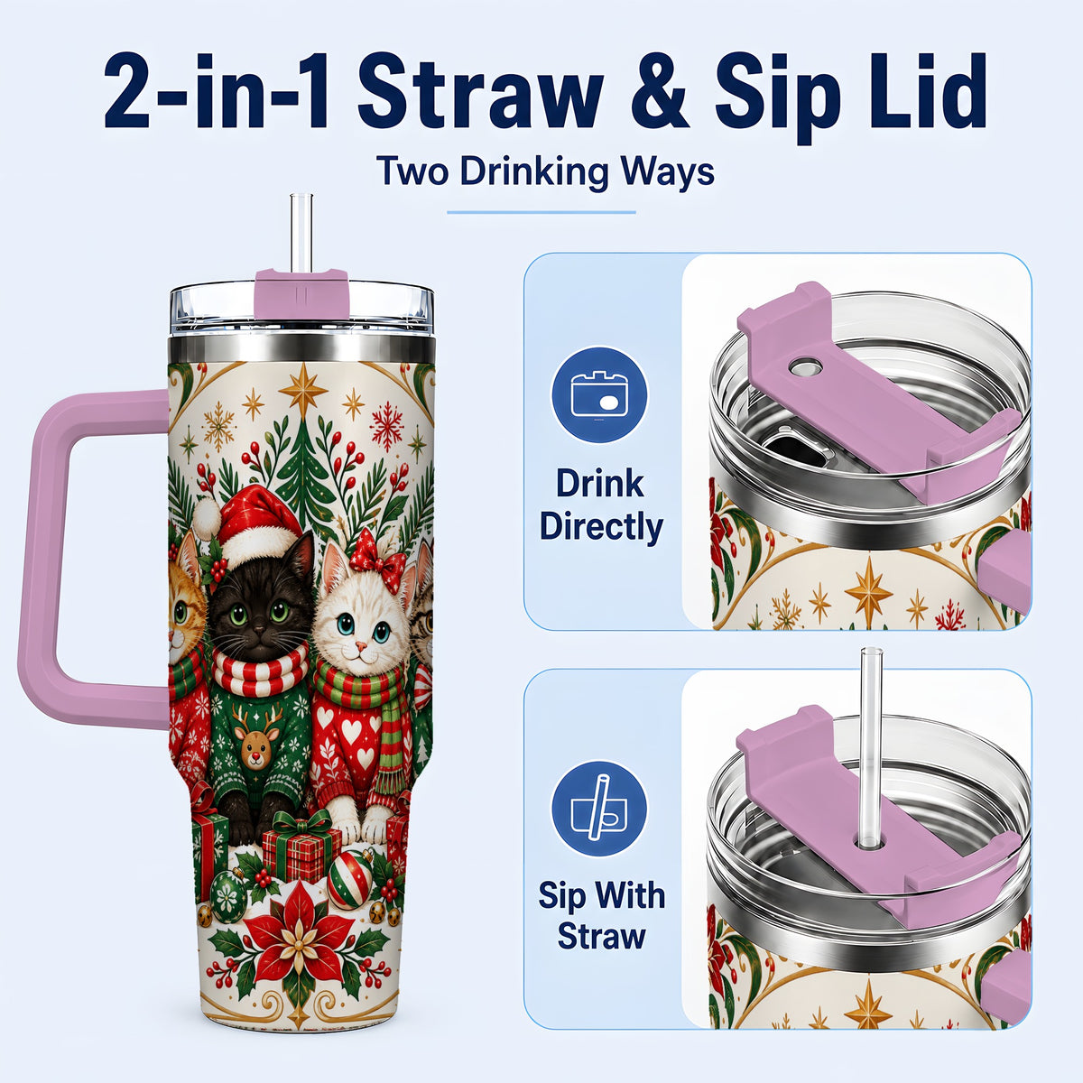#pl[40oz|Pink] Christmas Cat Family 40oz Tumbler with Handle, Holiday Kittens Art