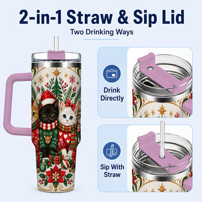 #pl[40oz|Pink] Christmas Cat Family 40oz Tumbler with Handle, Holiday Kittens Art