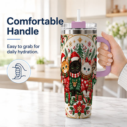 #pl[40oz|Pink] Christmas Cat Family 40oz Tumbler with Handle, Holiday Kittens Art