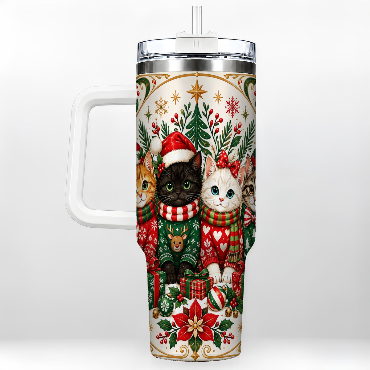Christmas Cat Family 40oz Tumbler with Handle, Holiday Kittens Art