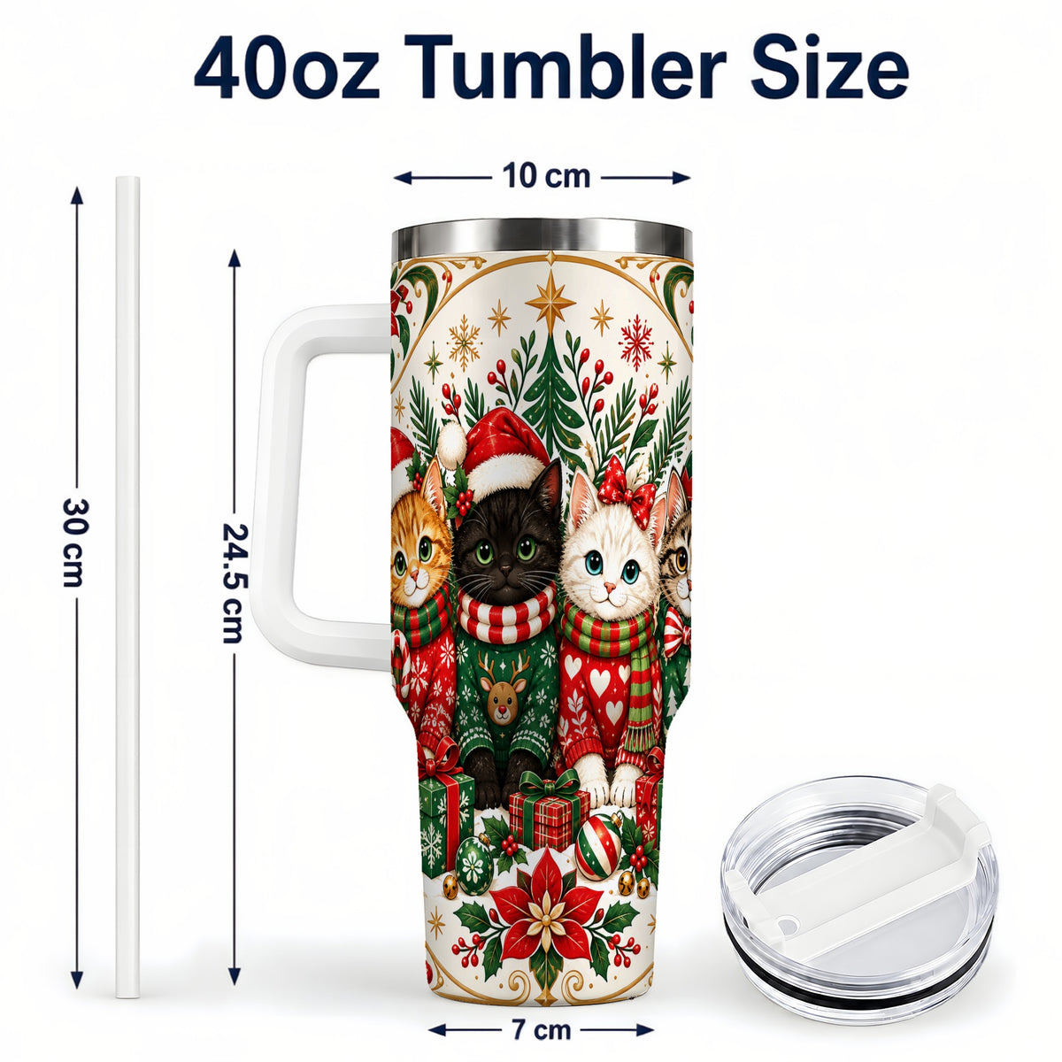 #pl[40oz|White] Christmas Cat Family 40oz Tumbler with Handle, Holiday Kittens Art