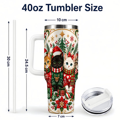 #pl[40oz|White] Christmas Cat Family 40oz Tumbler with Handle, Holiday Kittens Art