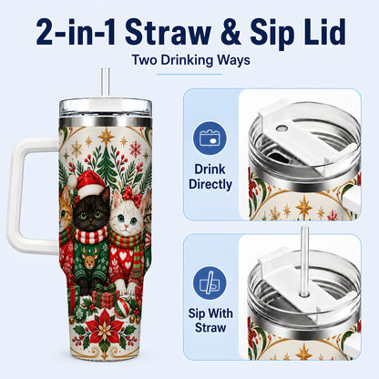 #pl[40oz|White] Christmas Cat Family 40oz Tumbler with Handle, Holiday Kittens Art