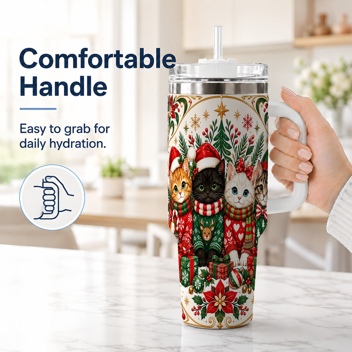 #pl[40oz|White] Christmas Cat Family 40oz Tumbler with Handle, Holiday Kittens Art