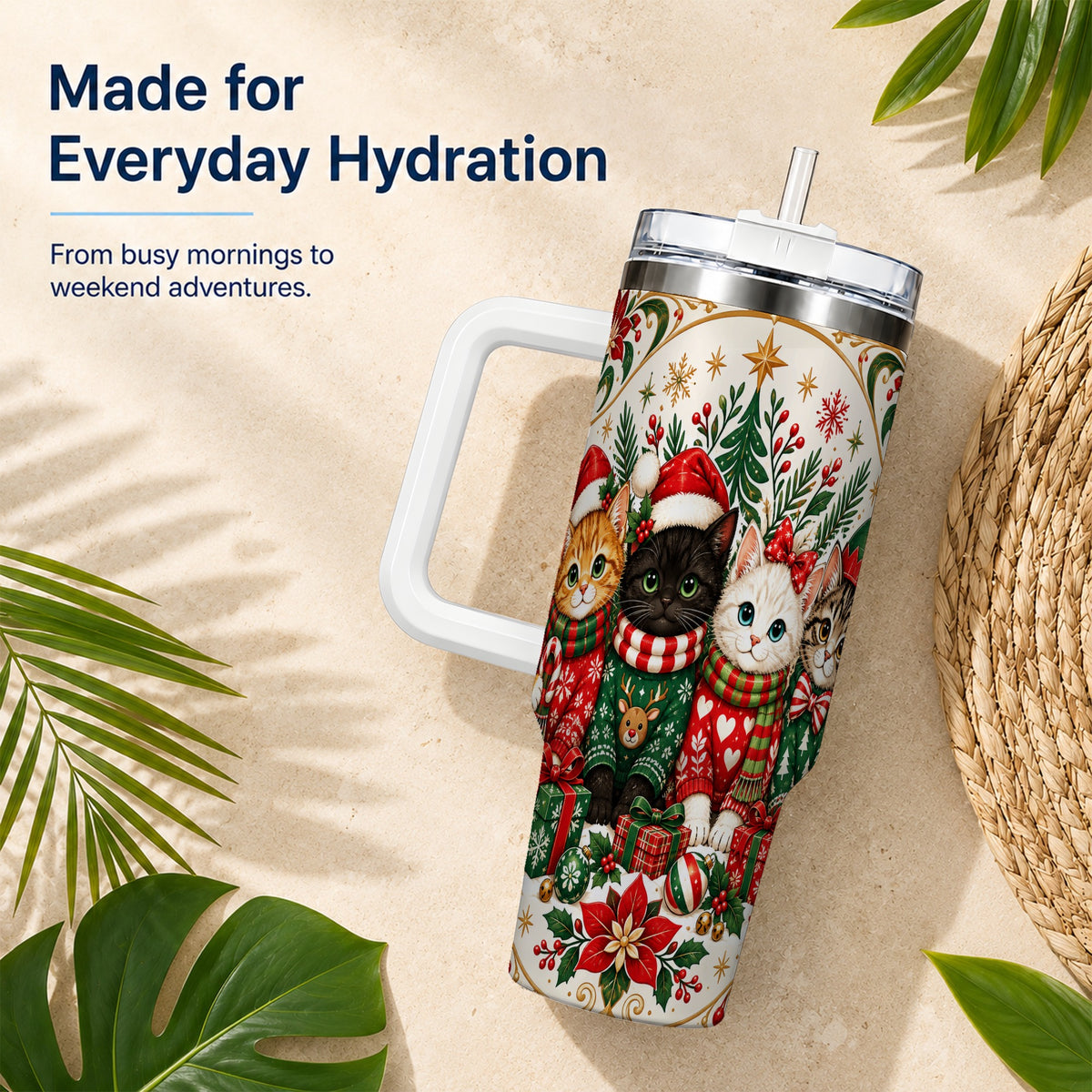 Christmas Cat Family 40oz Tumbler with Handle, Holiday Kittens Art