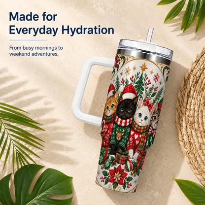 Christmas Cat Family 40oz Tumbler with Handle, Holiday Kittens Art