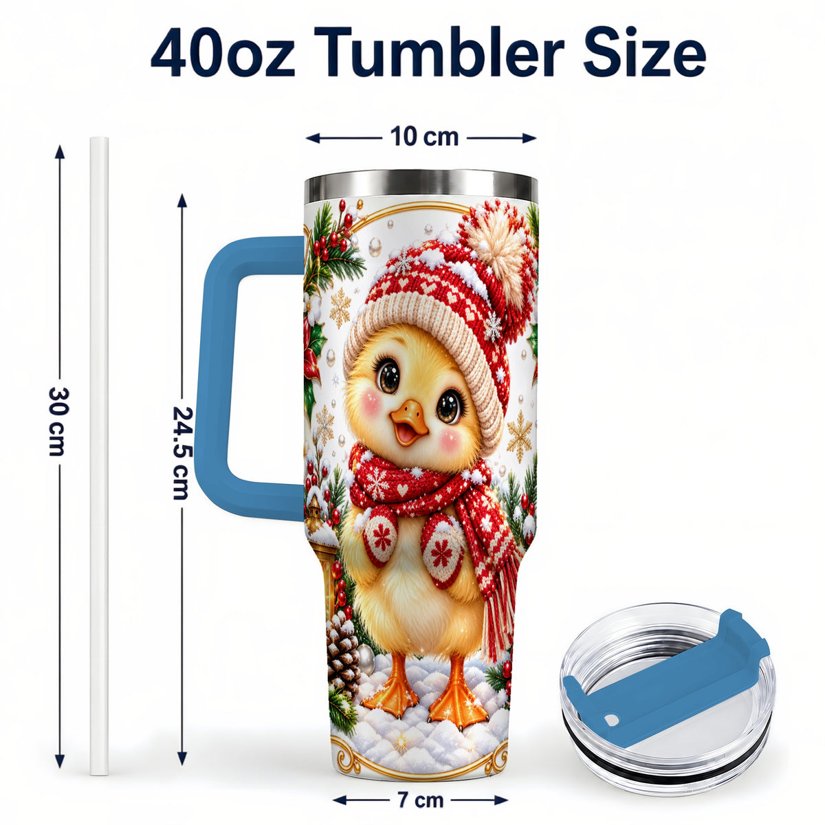 #pl[40oz|Blue] Christmas Chick 40oz Tumbler with Handle, Cute Winter Chicken Drinkware