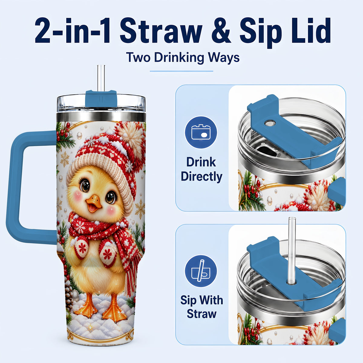 #pl[40oz|Blue] Christmas Chick 40oz Tumbler with Handle, Cute Winter Chicken Drinkware