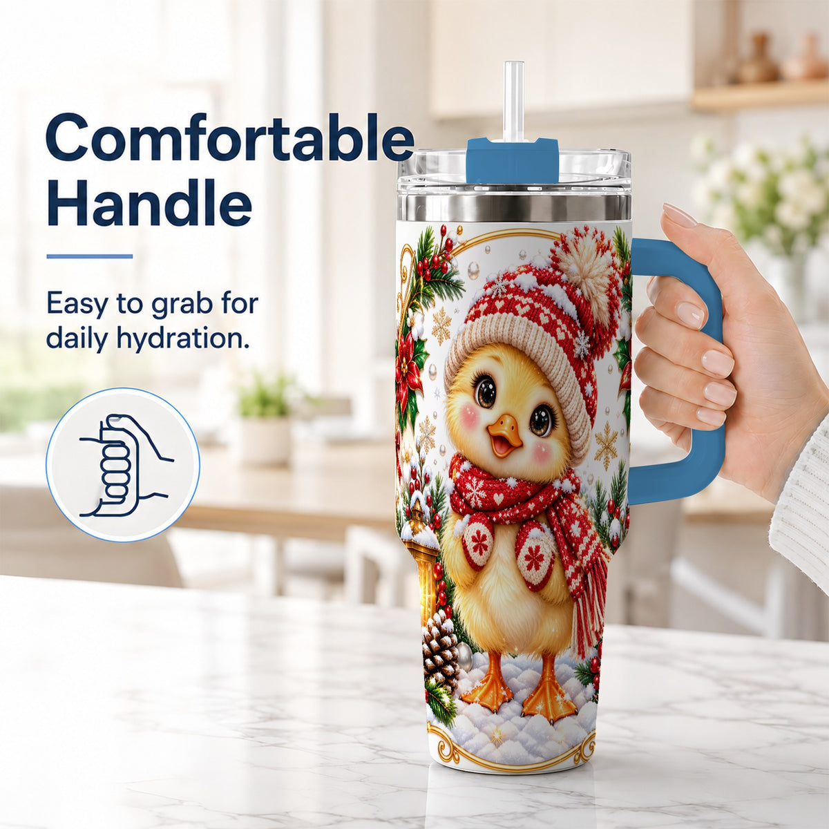 #pl[40oz|Blue] Christmas Chick 40oz Tumbler with Handle, Cute Winter Chicken Drinkware