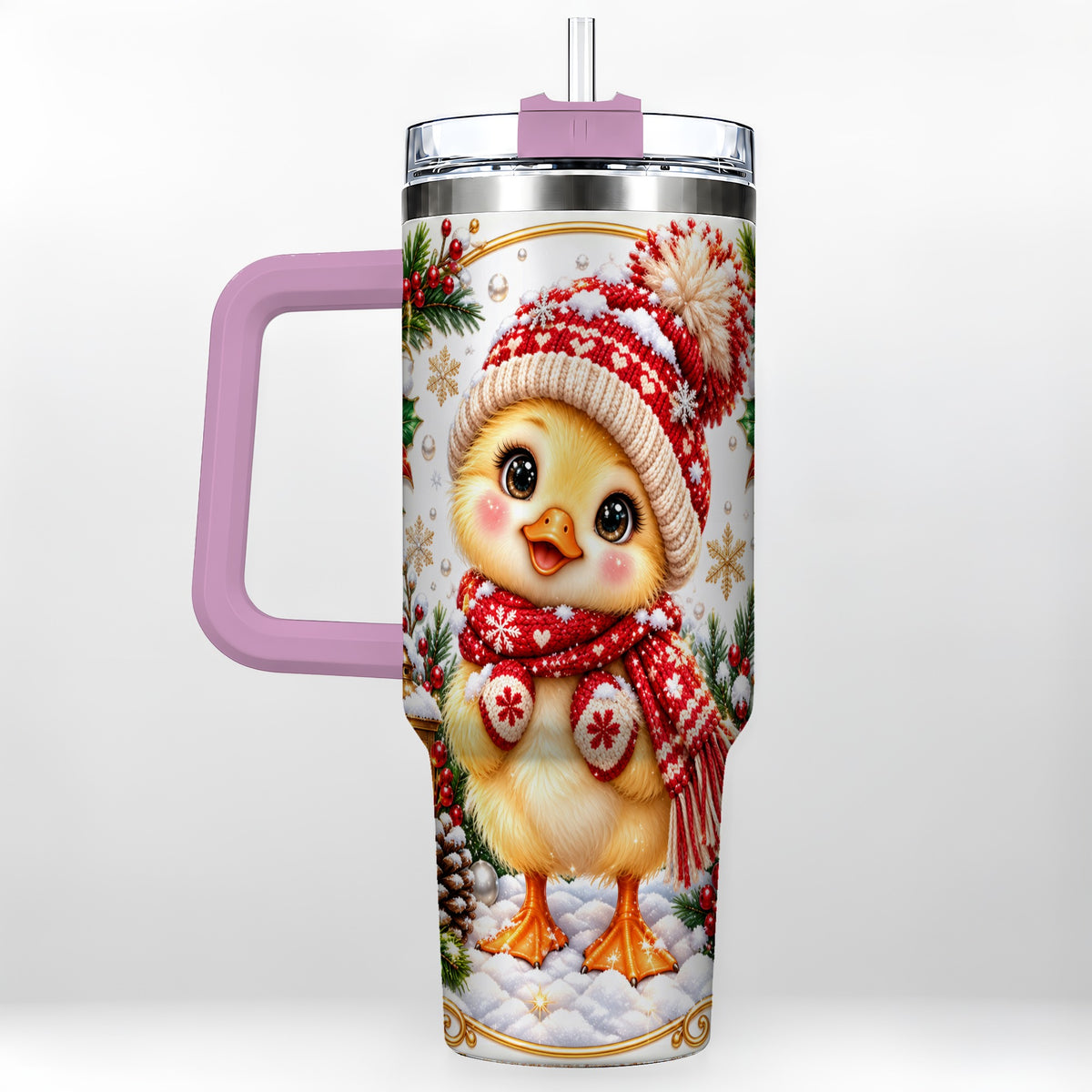 #pl[40oz|Pink] Christmas Chick 40oz Tumbler with Handle, Cute Winter Chicken Drinkware