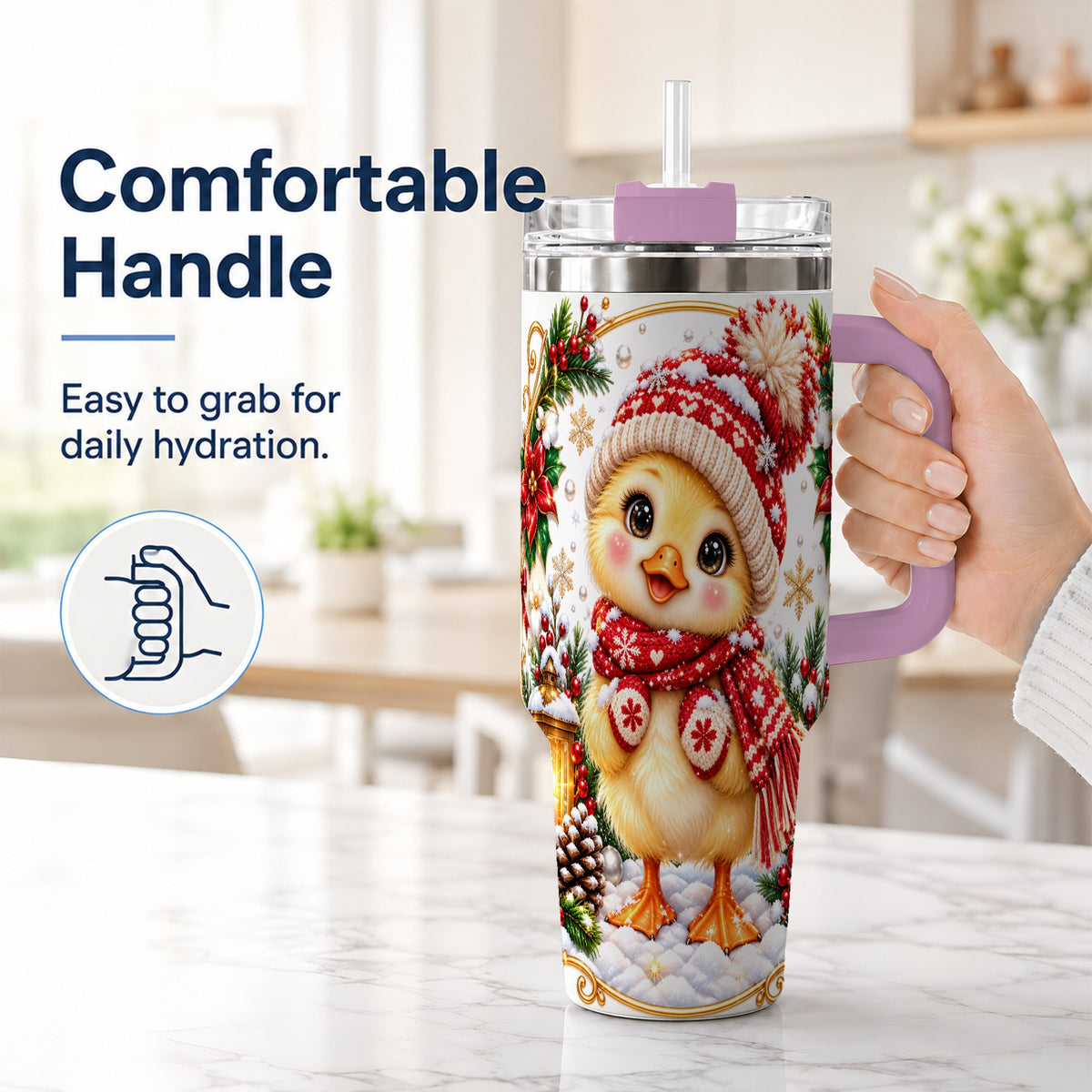 #pl[40oz|Pink] Christmas Chick 40oz Tumbler with Handle, Cute Winter Chicken Drinkware