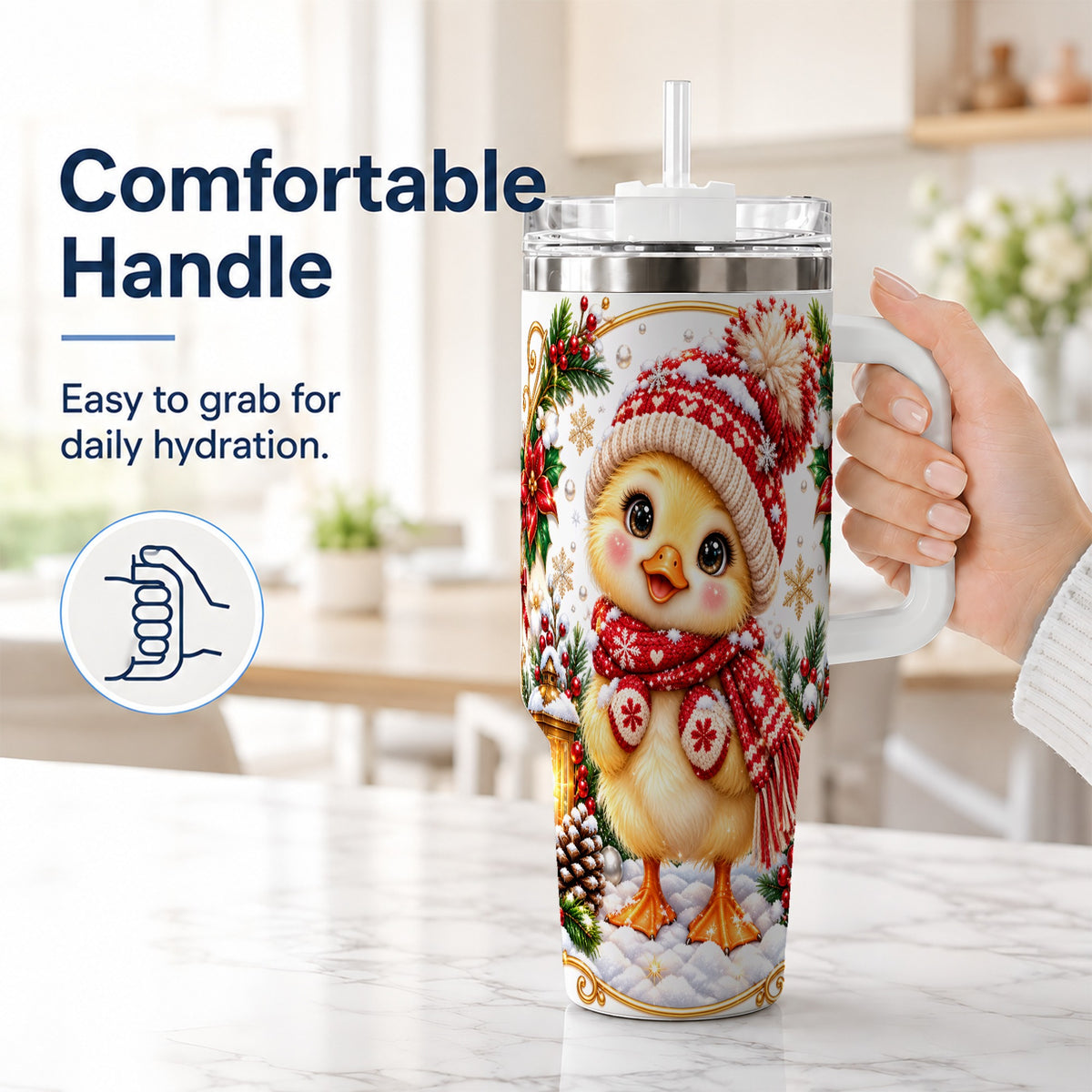 #pl[40oz|White] Christmas Chick 40oz Tumbler with Handle, Cute Winter Chicken Drinkware