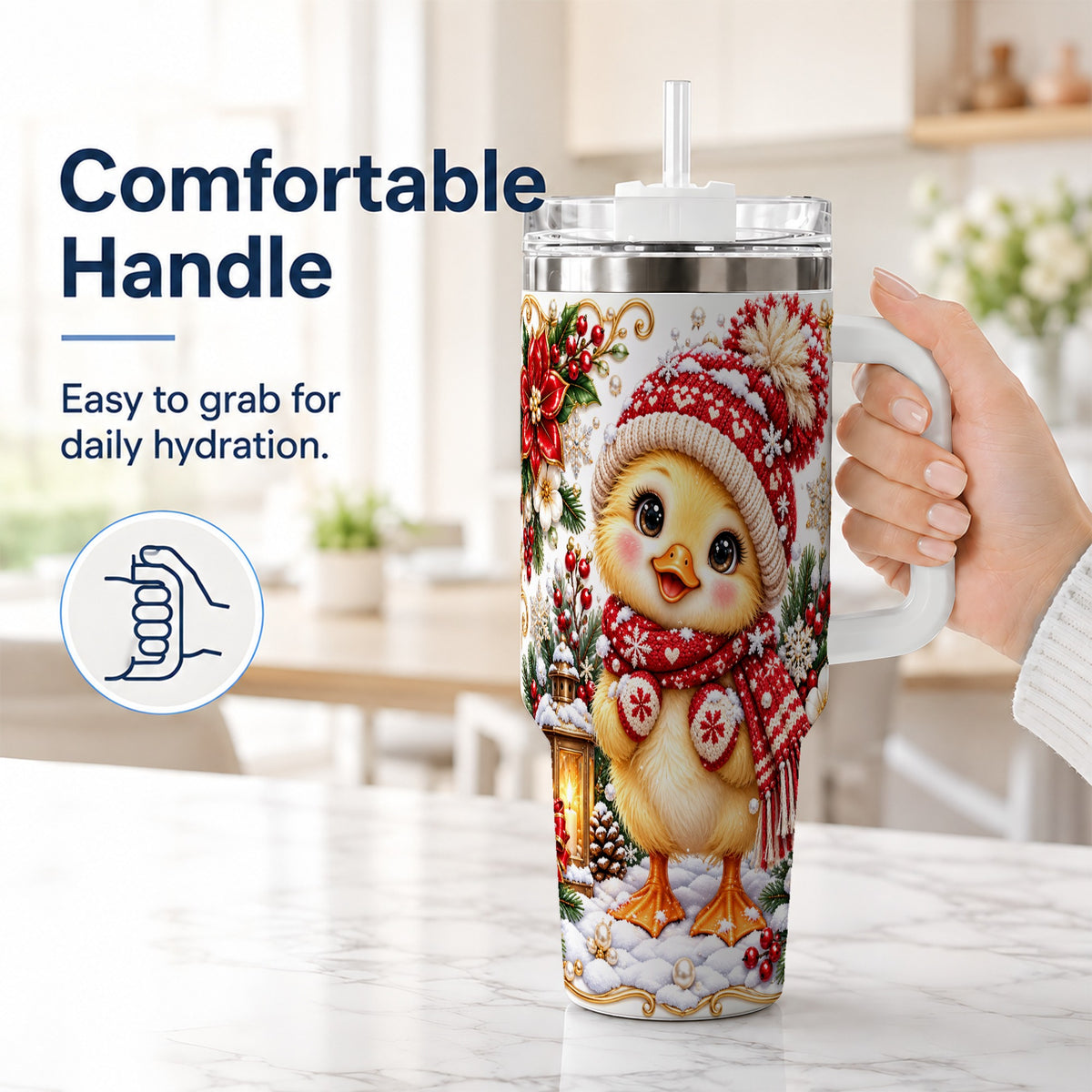 #pl[40oz|White] Baby Chick 40oz Tumbler with Handle, Christmas Farmhouse Drinkware