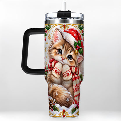#pl[40oz|Black] Christmas Kitten 40oz Tumbler with Handle, Cute Winter Cat Drinkware