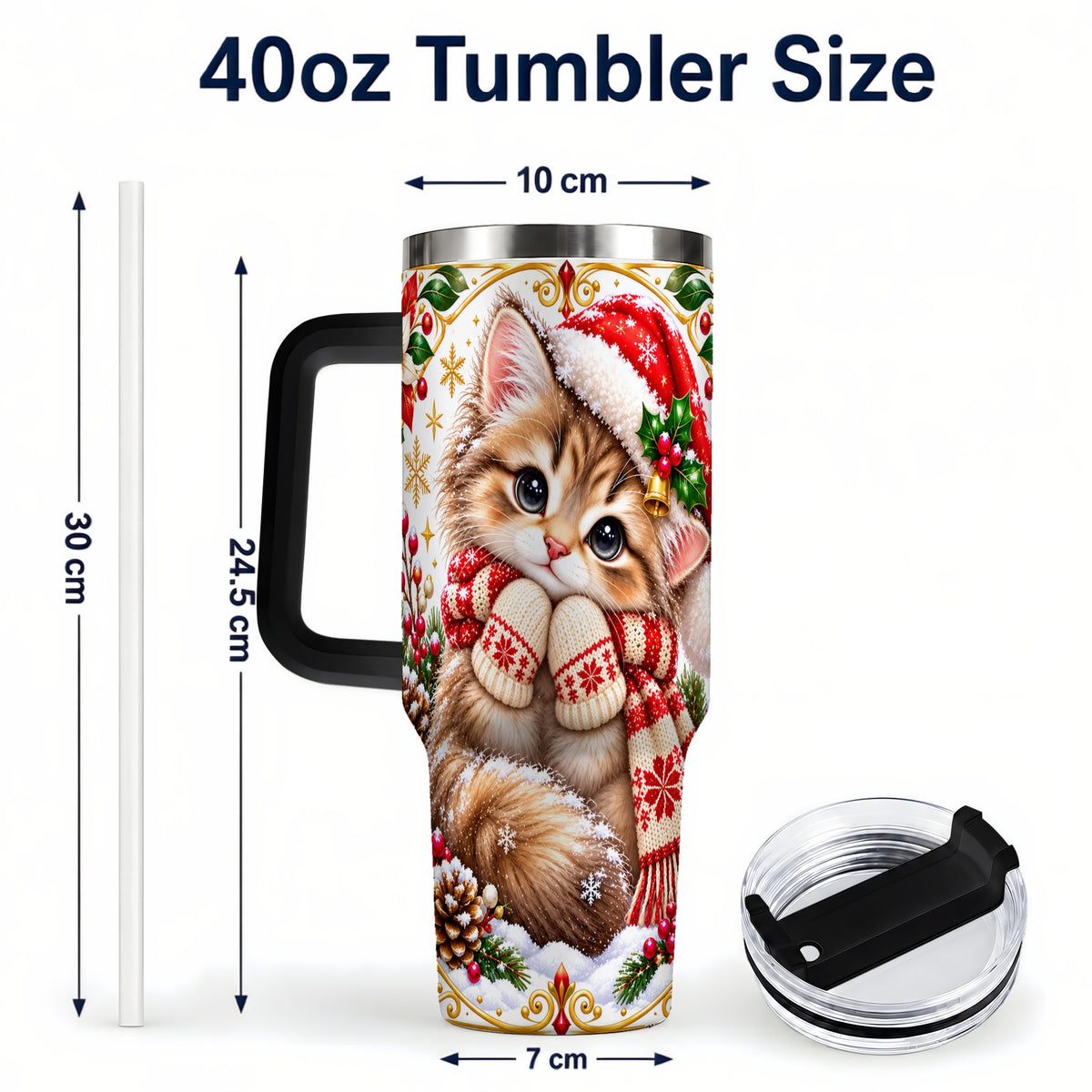 #pl[40oz|Black] Christmas Kitten 40oz Tumbler with Handle, Cute Winter Cat Drinkware
