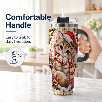 #pl[40oz|Black] Christmas Kitten 40oz Tumbler with Handle, Cute Winter Cat Drinkware