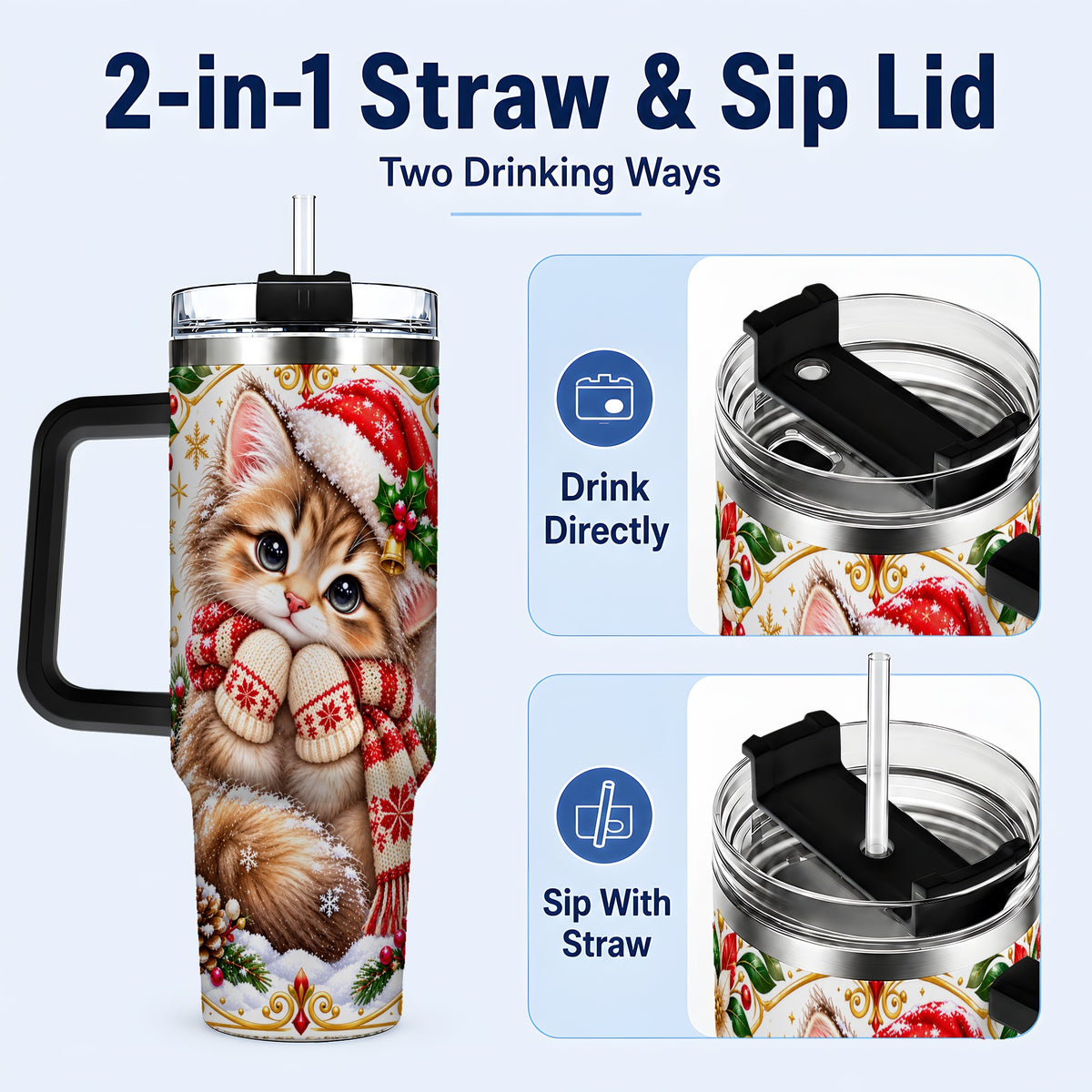 #pl[40oz|Black] Christmas Kitten 40oz Tumbler with Handle, Cute Winter Cat Drinkware