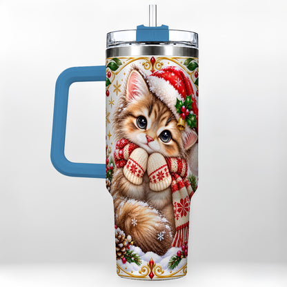 #pl[40oz|Blue] Christmas Kitten 40oz Tumbler with Handle, Cute Winter Cat Drinkware
