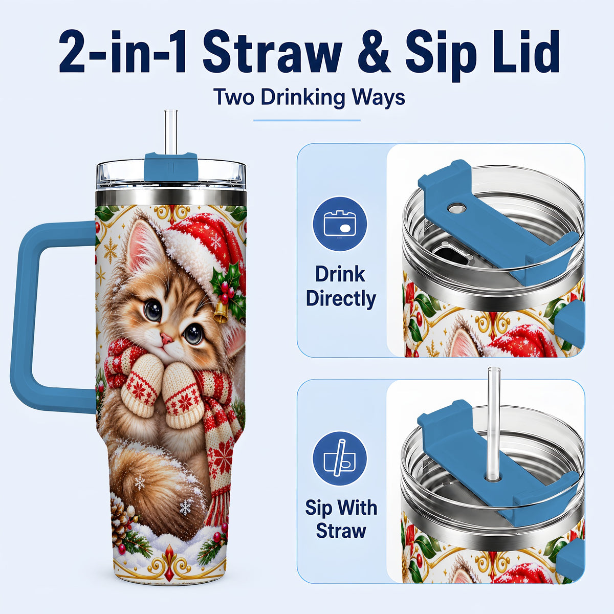#pl[40oz|Blue] Christmas Kitten 40oz Tumbler with Handle, Cute Winter Cat Drinkware
