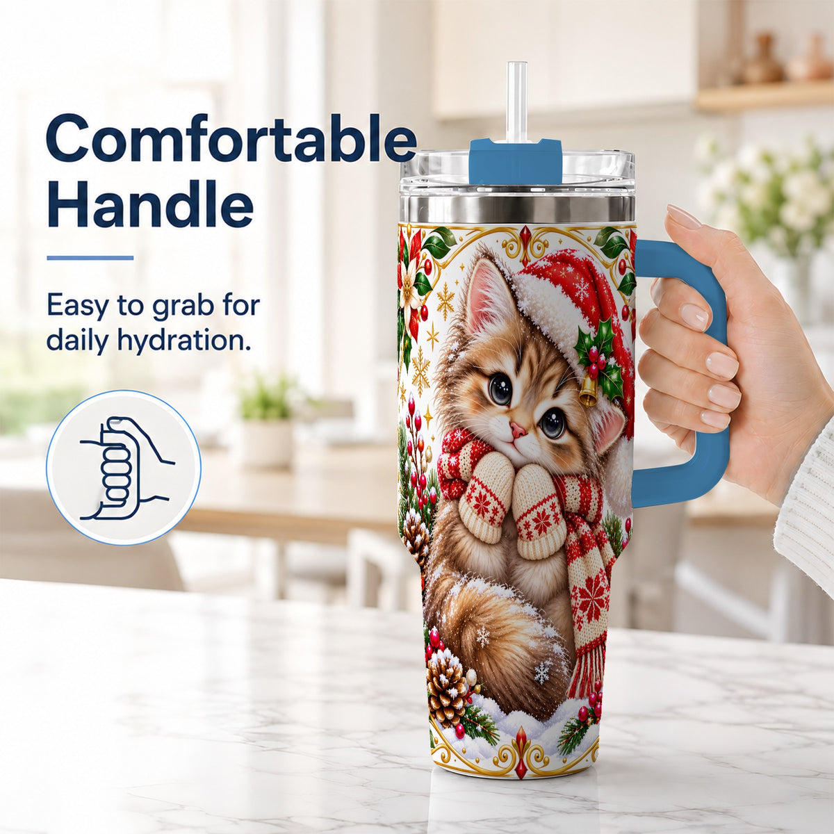 #pl[40oz|Blue] Christmas Kitten 40oz Tumbler with Handle, Cute Winter Cat Drinkware