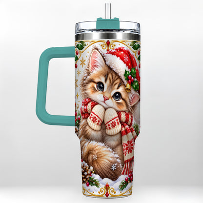 #pl[40oz|Green] Christmas Kitten 40oz Tumbler with Handle, Cute Winter Cat Drinkware