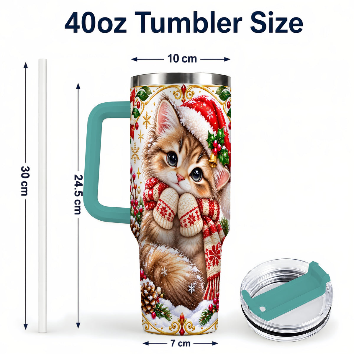 #pl[40oz|Green] Christmas Kitten 40oz Tumbler with Handle, Cute Winter Cat Drinkware
