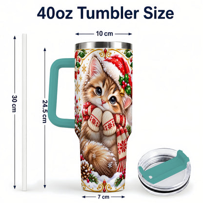 #pl[40oz|Green] Christmas Kitten 40oz Tumbler with Handle, Cute Winter Cat Drinkware