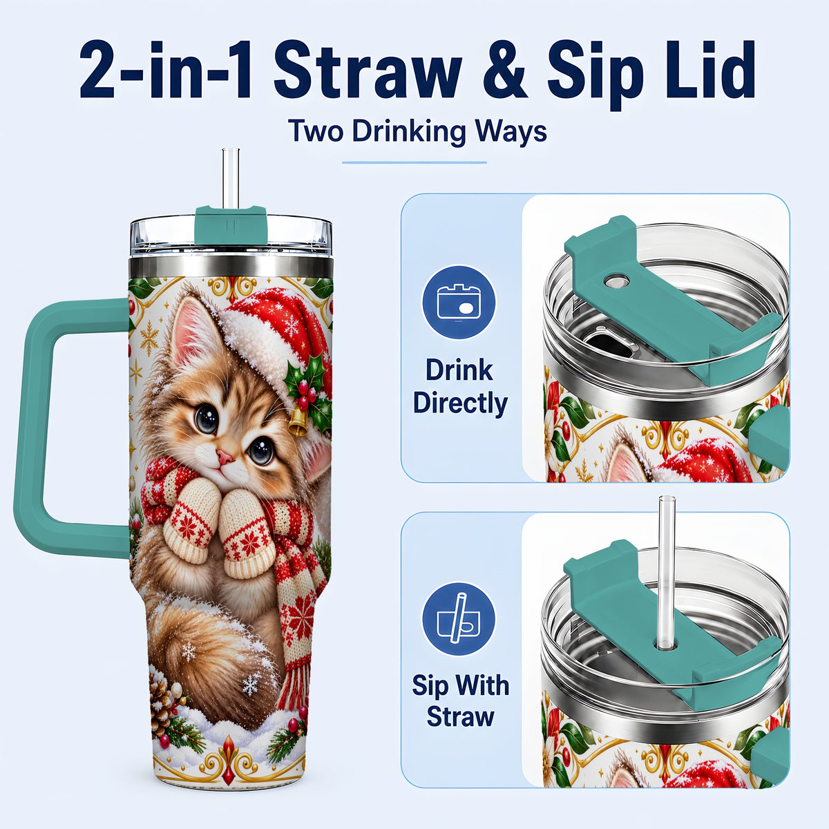 #pl[40oz|Green] Christmas Kitten 40oz Tumbler with Handle, Cute Winter Cat Drinkware