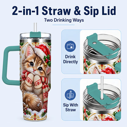 #pl[40oz|Green] Christmas Kitten 40oz Tumbler with Handle, Cute Winter Cat Drinkware