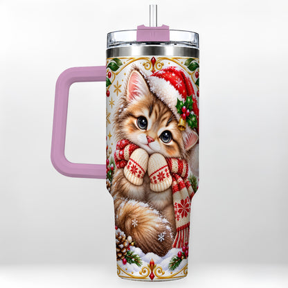 #pl[40oz|Pink] Christmas Kitten 40oz Tumbler with Handle, Cute Winter Cat Drinkware