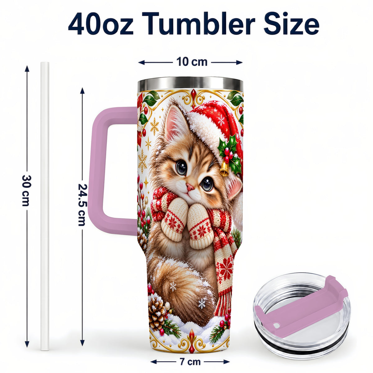 #pl[40oz|Pink] Christmas Kitten 40oz Tumbler with Handle, Cute Winter Cat Drinkware