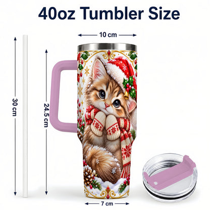 #pl[40oz|Pink] Christmas Kitten 40oz Tumbler with Handle, Cute Winter Cat Drinkware