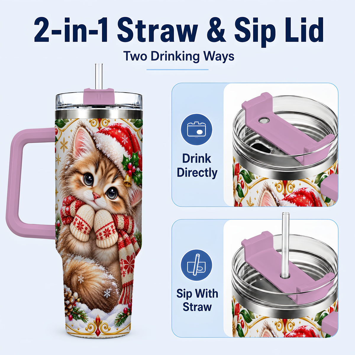 #pl[40oz|Pink] Christmas Kitten 40oz Tumbler with Handle, Cute Winter Cat Drinkware