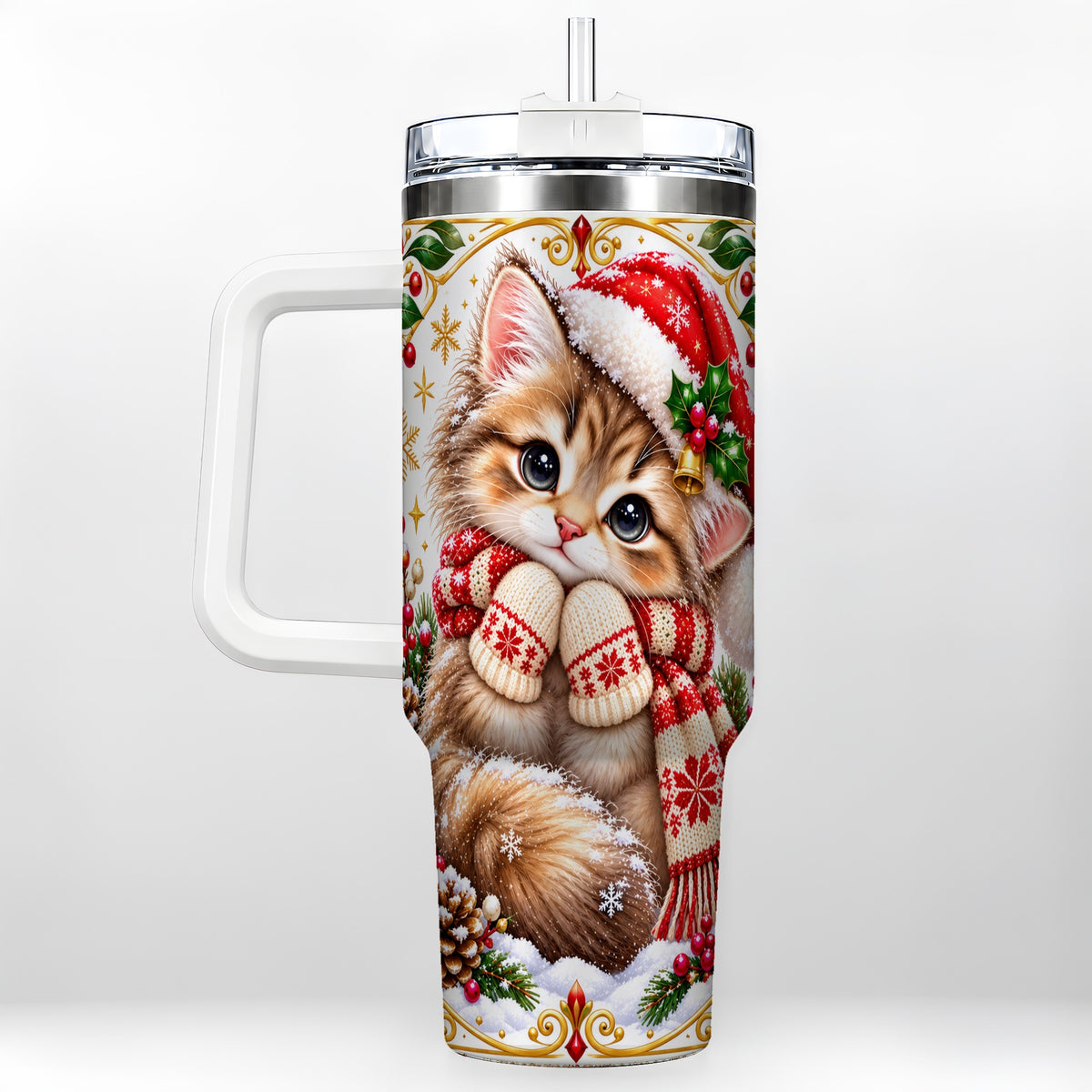 Christmas Kitten 40oz Tumbler with Handle, Cute Winter Cat Drinkware