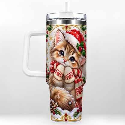 Christmas Kitten 40oz Tumbler with Handle, Cute Winter Cat Drinkware