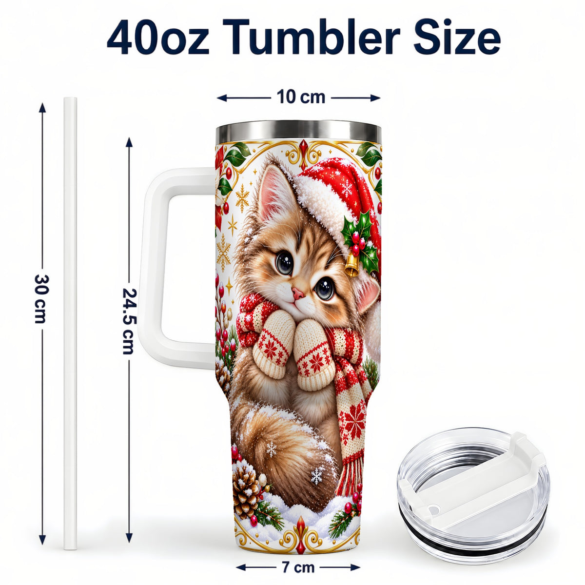 #pl[40oz|White] Christmas Kitten 40oz Tumbler with Handle, Cute Winter Cat Drinkware