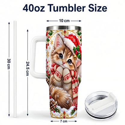 #pl[40oz|White] Christmas Kitten 40oz Tumbler with Handle, Cute Winter Cat Drinkware
