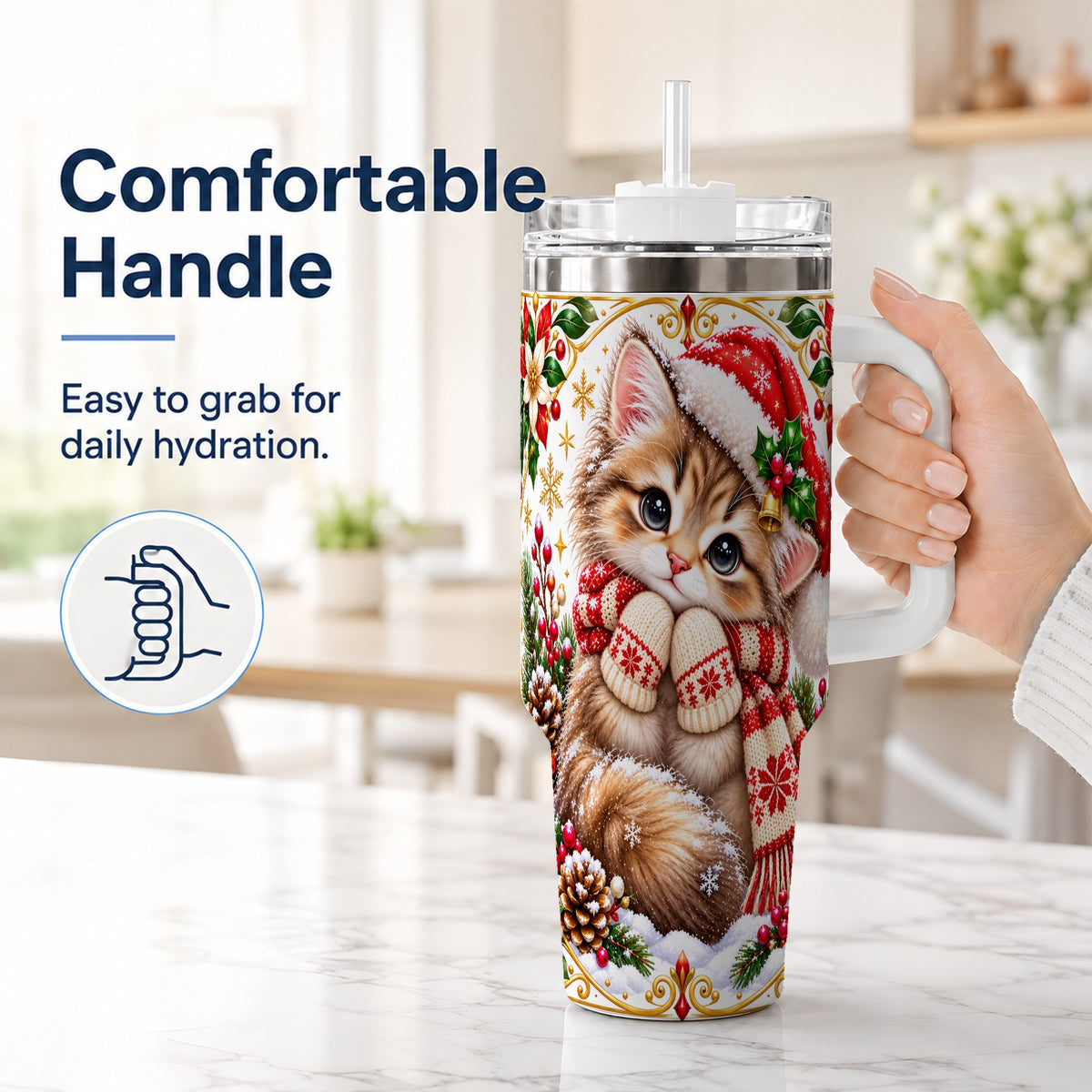 #pl[40oz|White] Christmas Kitten 40oz Tumbler with Handle, Cute Winter Cat Drinkware