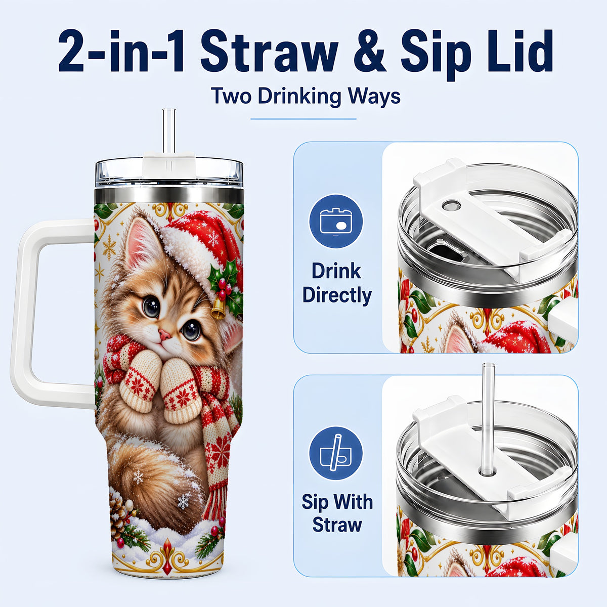 #pl[40oz|White] Christmas Kitten 40oz Tumbler with Handle, Cute Winter Cat Drinkware