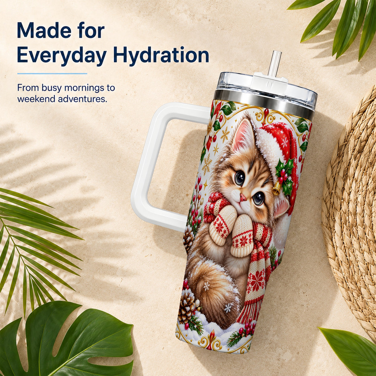 Christmas Kitten 40oz Tumbler with Handle, Cute Winter Cat Drinkware